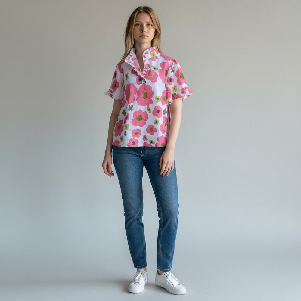 Floral Ruffle Blouse - Pink and White